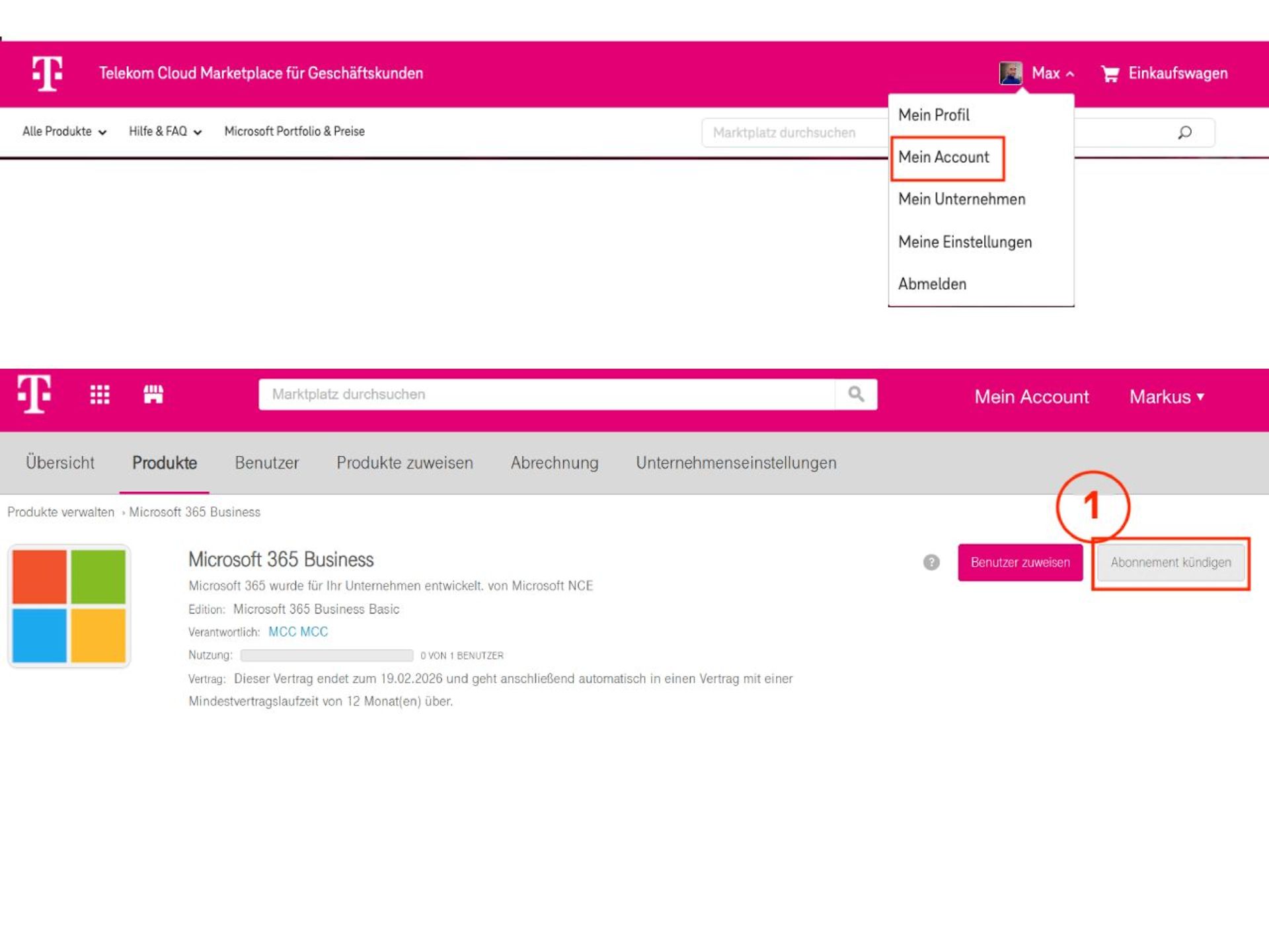 Screenshot: Menüpunkt Mein Account auswählen, anschließend Button Abonnement kündigen markiert.