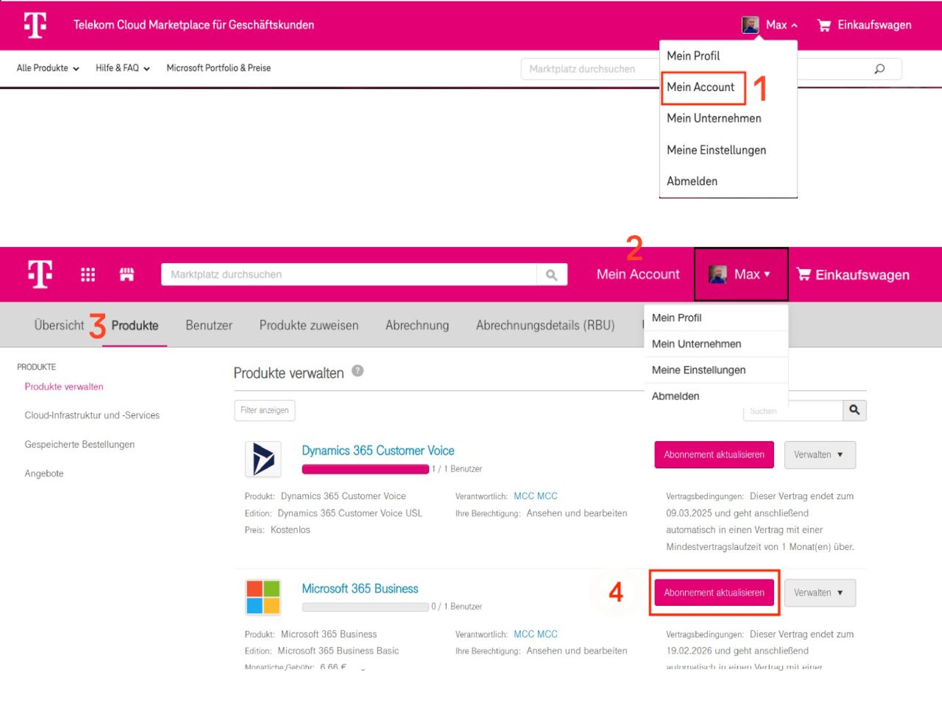 Screenshot: Navigating via ‘My Account’ to ‘Products’, with the ‘Update subscription’ button highlighted.