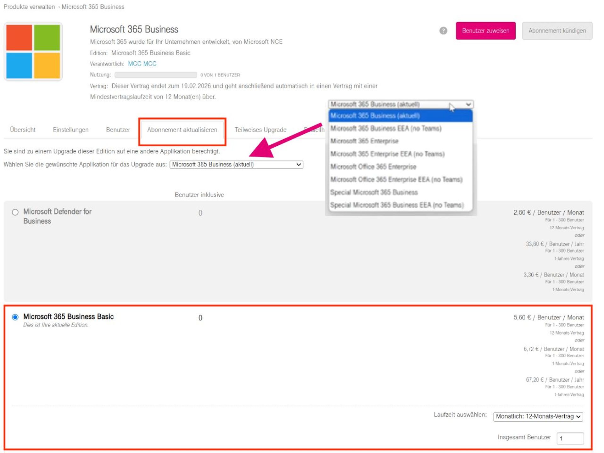 Screenshot: ‘Update subscription’ tab; the drop-down menu shows the available Microsoft 365 editions for upgrading.