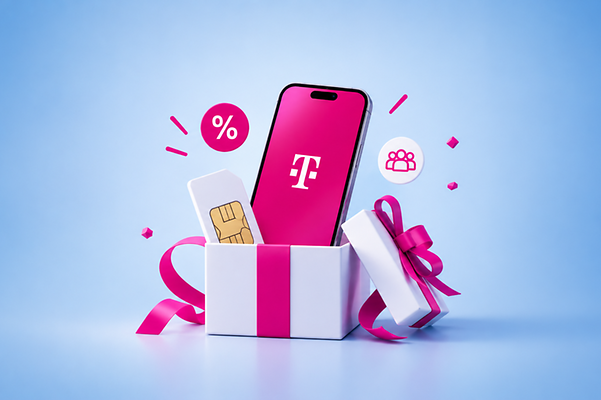 Geschenkbox mit SIM-Karte und Handy auf hellblauem Hintergrund