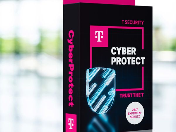 „schwarzes CyberProtect Paket mit Telekom - Logo und Schutzschild-Grafik zur Cybersicherheit 