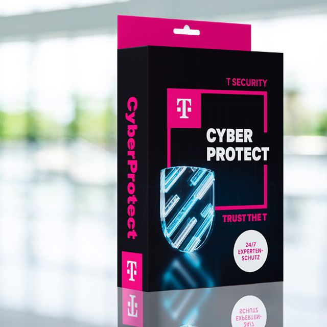 „schwarzes CyberProtect Paket mit Telekom - Logo und Schutzschild-Grafik zur Cybersicherheit 