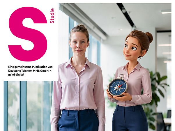Cover der KI-Studie mit junger Frau in Jeans und Bluse und ihrem Avatar und Kompass in der Hand