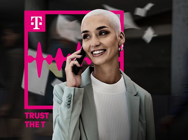 A woman on the phone against a black-and-grey background with the Trust-the-T logo