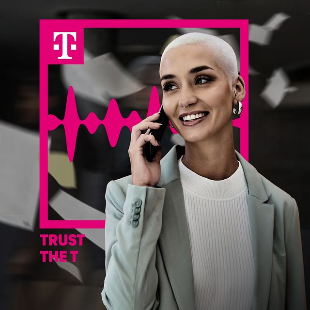 A woman on the phone against a black-and-grey background with the Trust-the-T logo