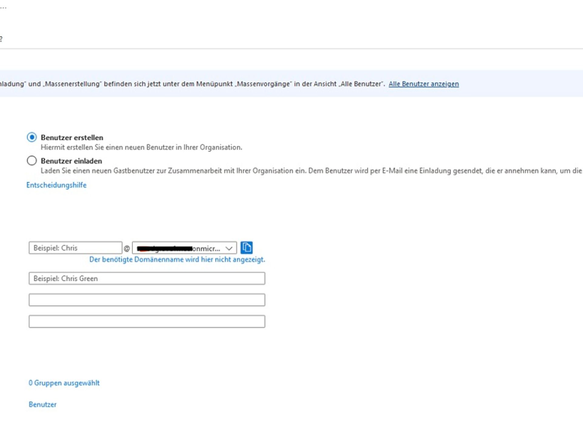 Ansicht der Maske um einen neuen Benutzer in Azure anzulegen