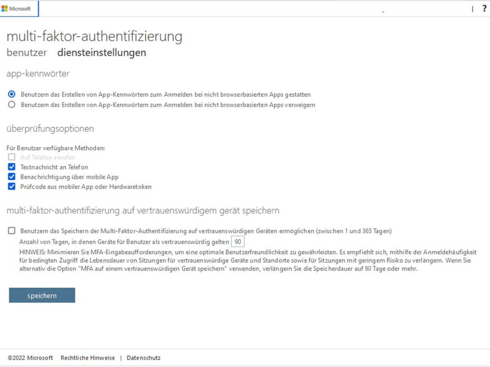 Ansicht um die Multi-Faktor-Authentifizierung in Azure zu aktivieren