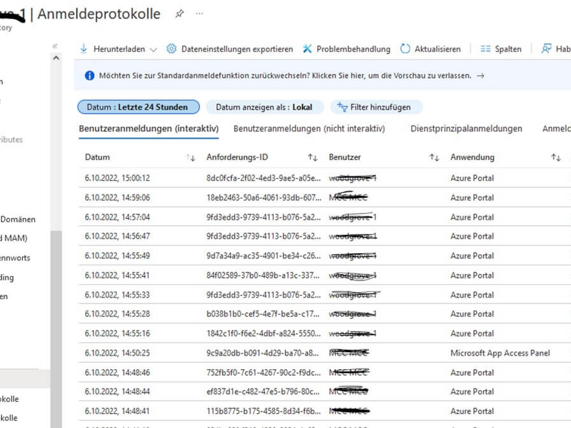 Ansicht der Anmeldeprotokolle in Azure