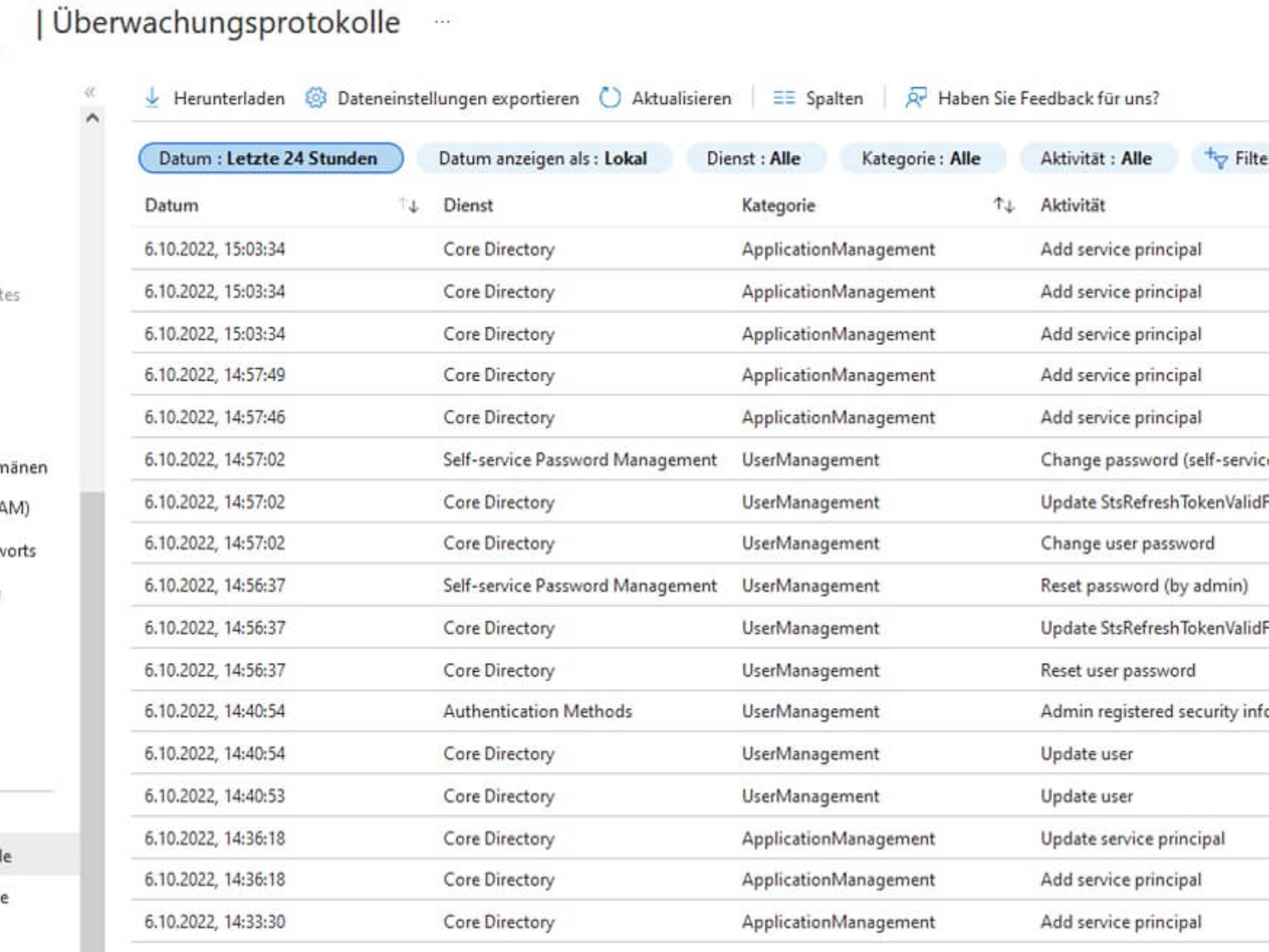 Ansicht der Überwachungsprotokolle in Azure