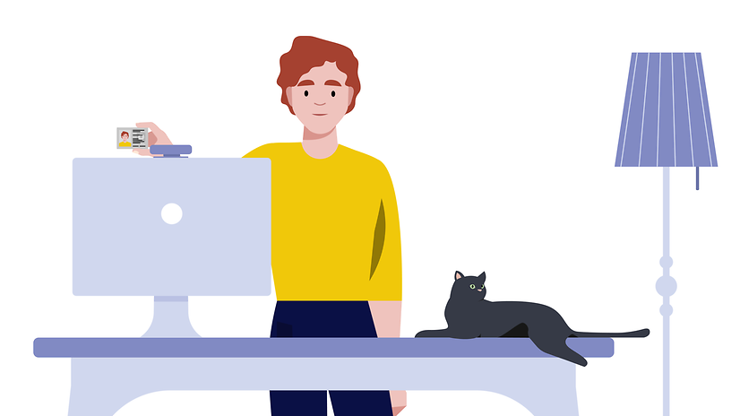 Mann zeigt seinen Ausweis in die Kamera