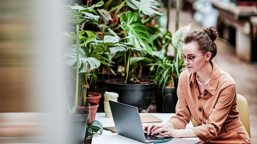 Eine Frau sitzt vor Pflanzen und schaut auf ihren Laptop.