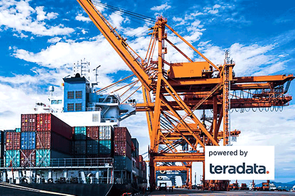 Business Analytics zeigt einen Container Hafen während der Beladung von Contaiinern