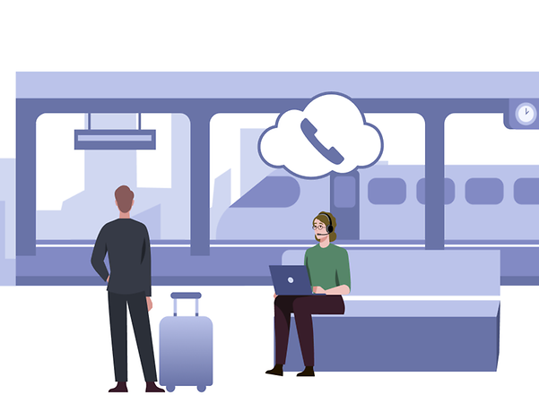 Drei Personen befinden sich an einem Bahnhof. Eine Person arbeitet am Laptop mit einem Cloud-Symbol.