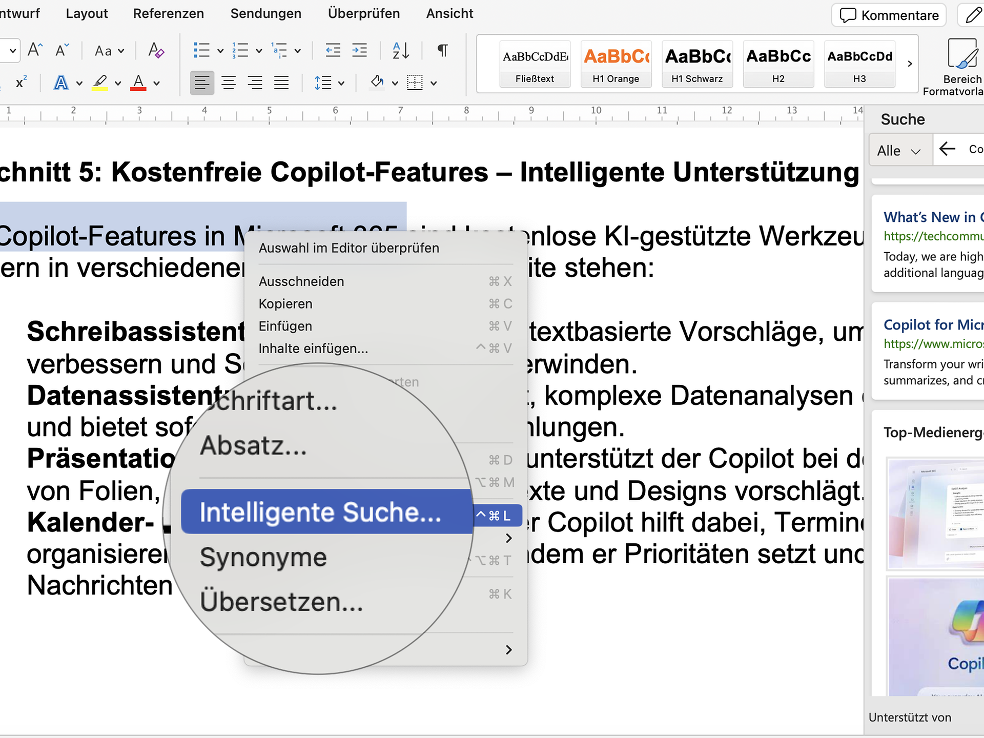 Rufen Sie über die „intelligente Suche“ Informationen direkt in Word ab