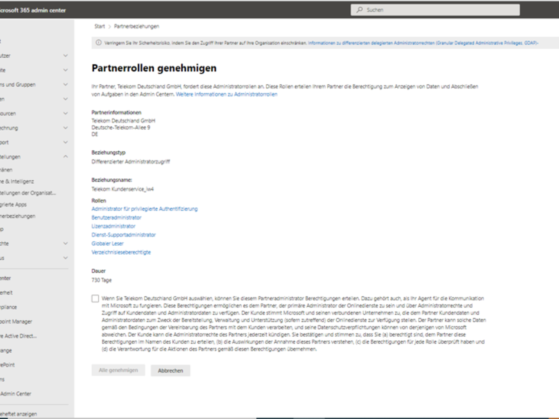 Ansicht der Genehmigung von Partnerrollen