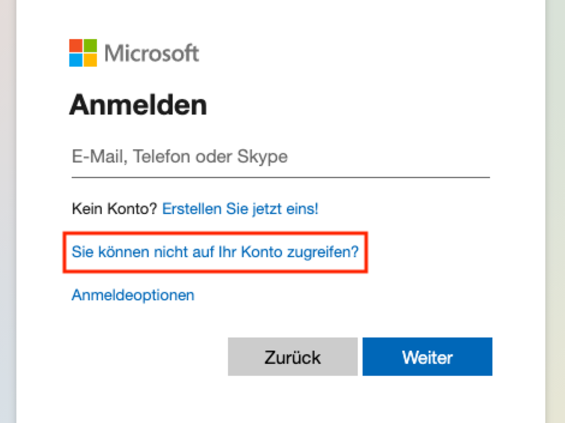 Klicken in der Anmeldemaske auf den Link „Sie können nicht auf Ihr Konto zugreifen?"