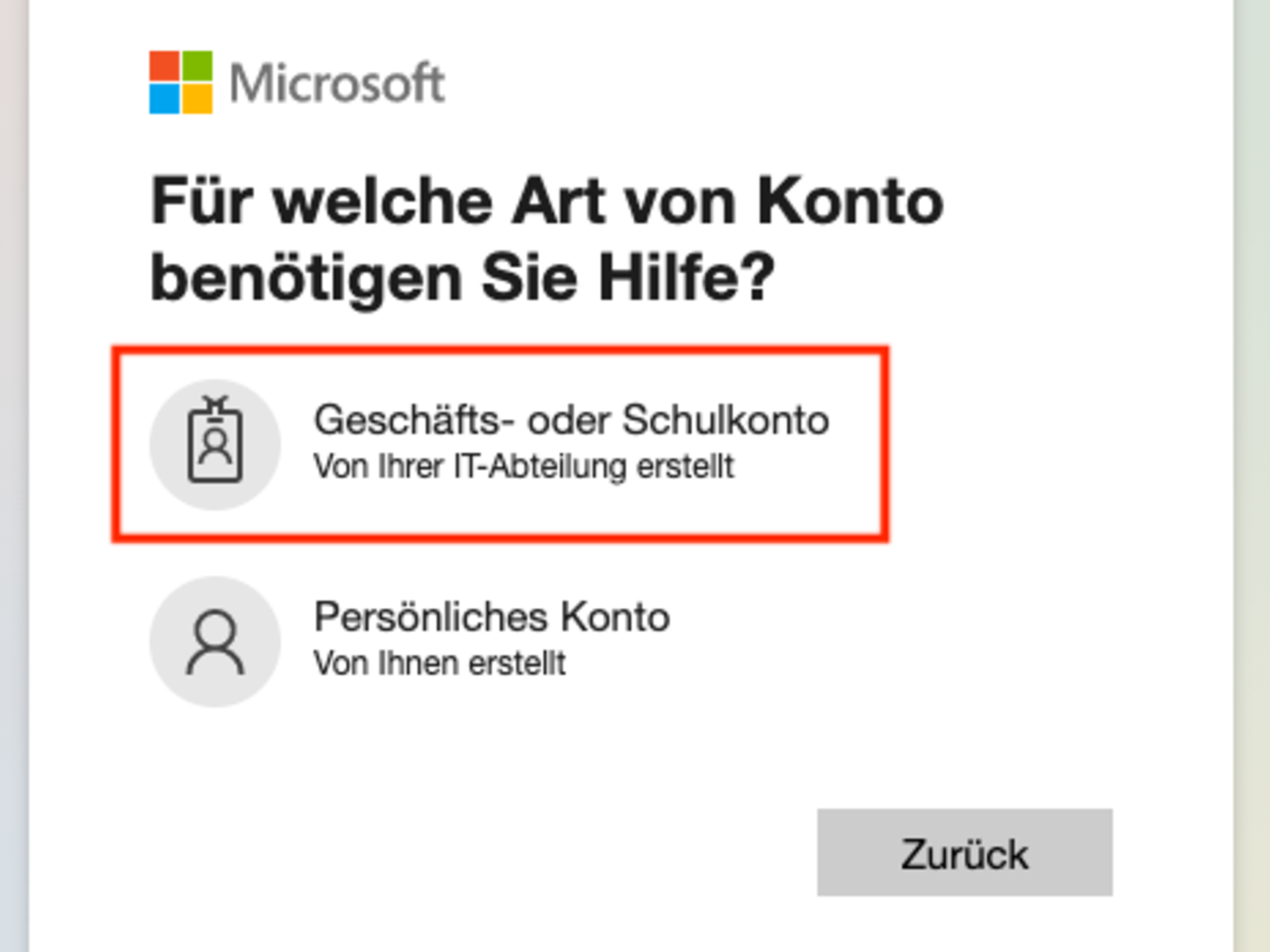 Auswählen von „Geschäfts- oder Schulkonto“.