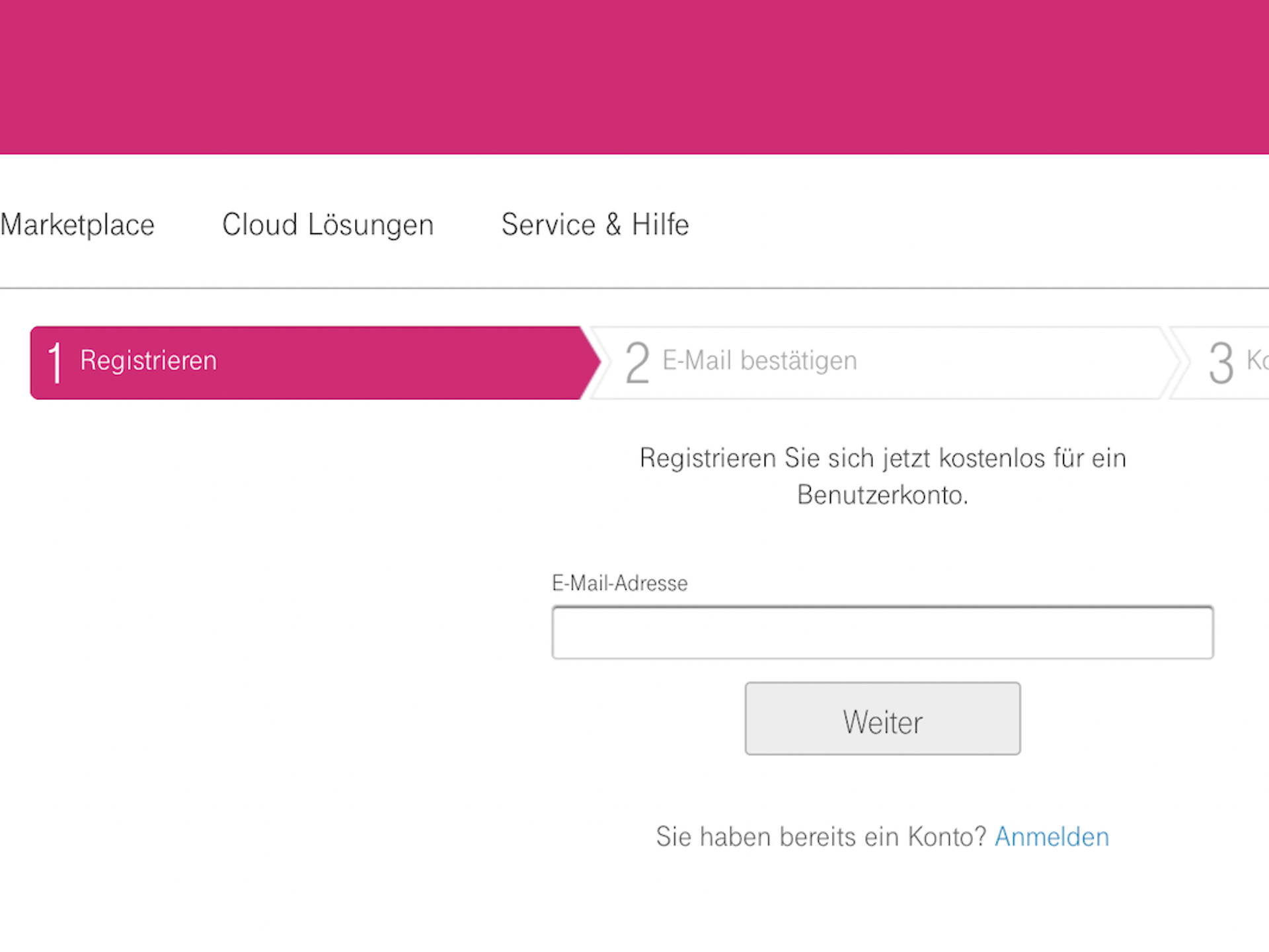 Telekom Cloud Marketplace-Registrierung-eMail