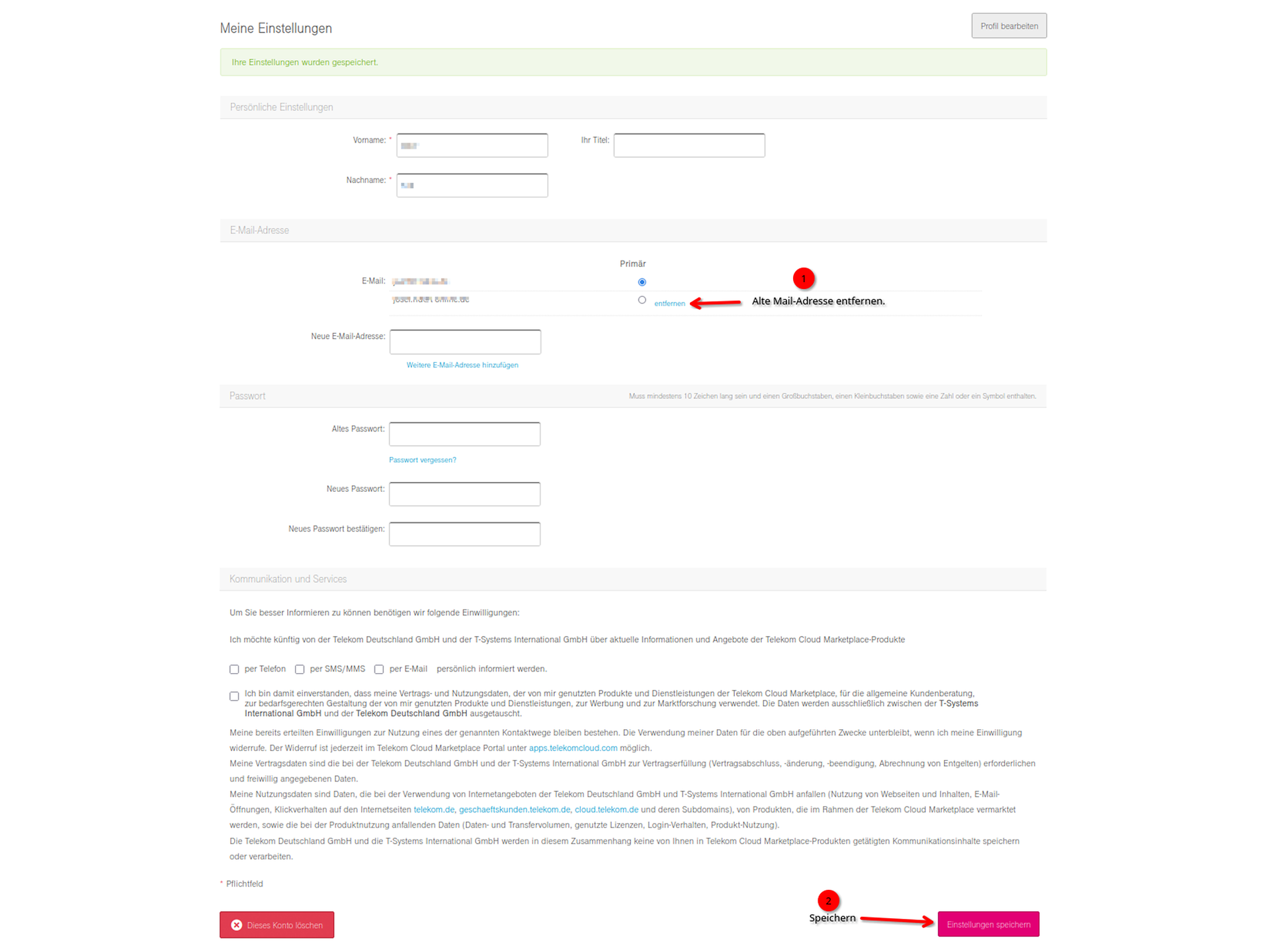 Telekom Cloud Marketplace-eMail-Adresse-löschen