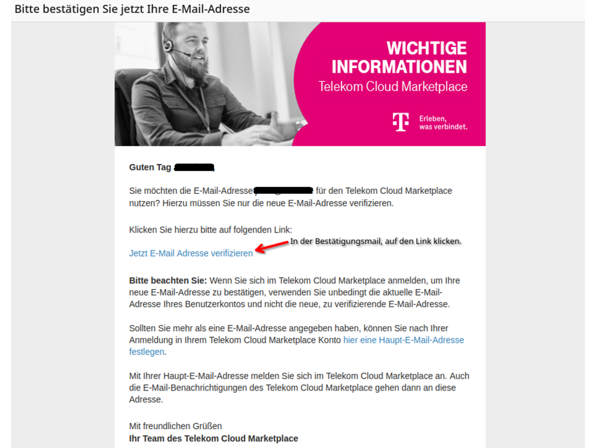 Telekom Cloud Marketplace-eMail-Bestätigung