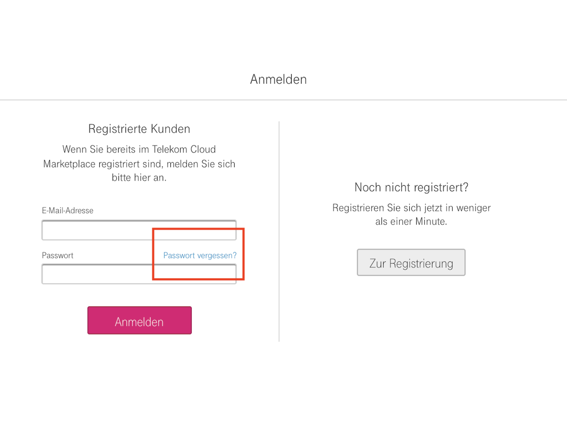 Telekom Cloud Marketplace-Passwort-vergessen