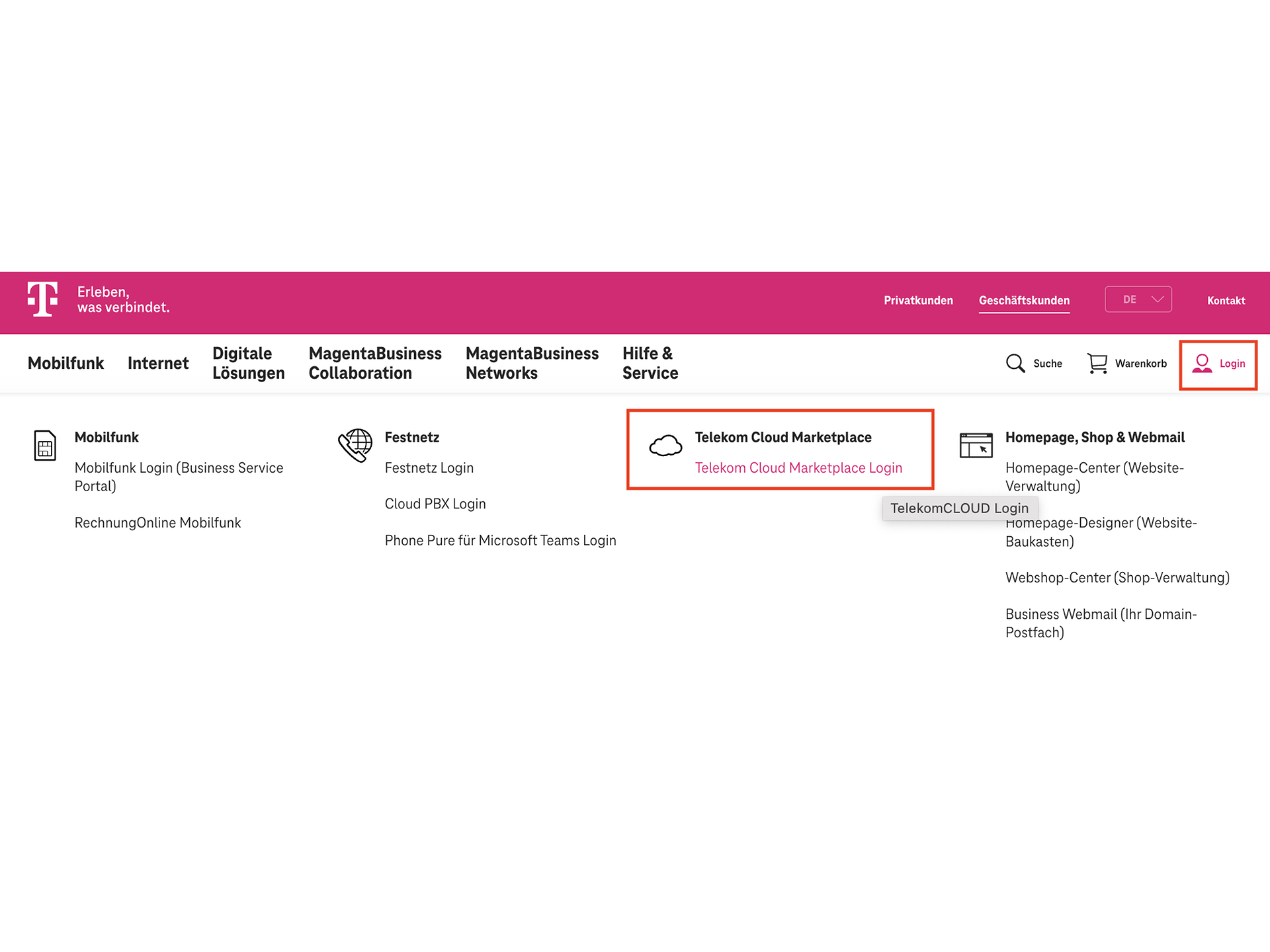 Telekom Cloud Marketplace-Login