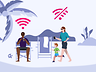 Familie ist am Strand mit Ihren Smartphones und nicht alle haben Netzempfang