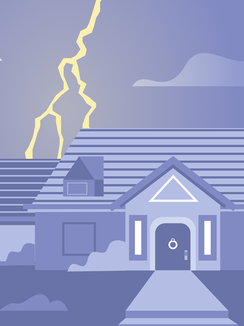 Ein Blitz schlägt in ein Haus ein