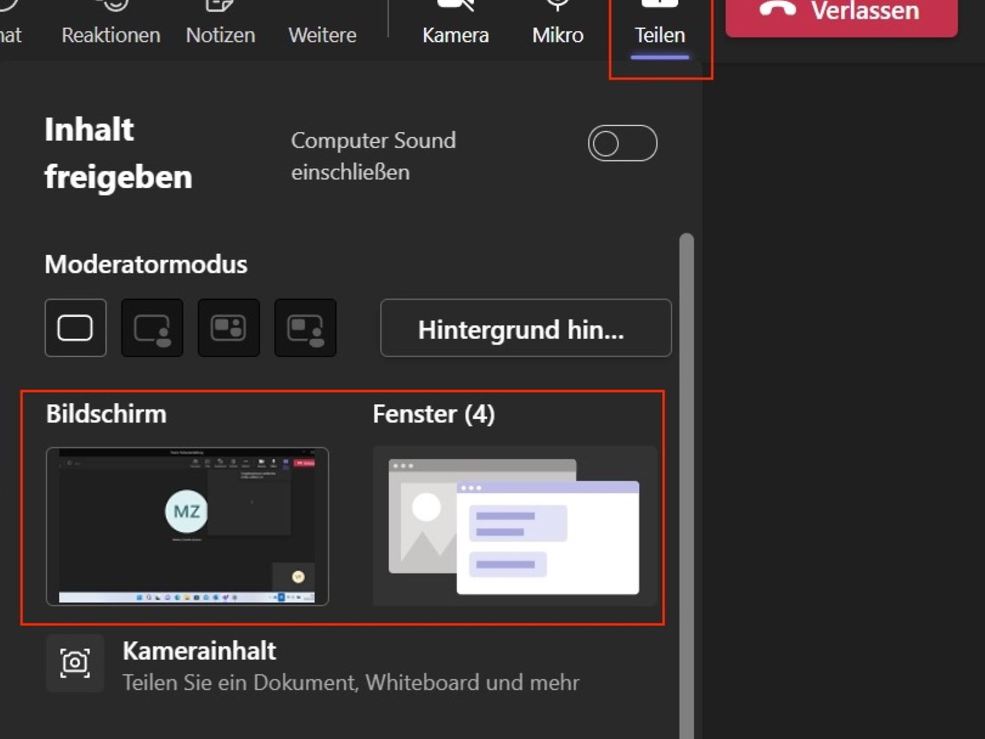 Teams Teilen von Bildschirminhalten