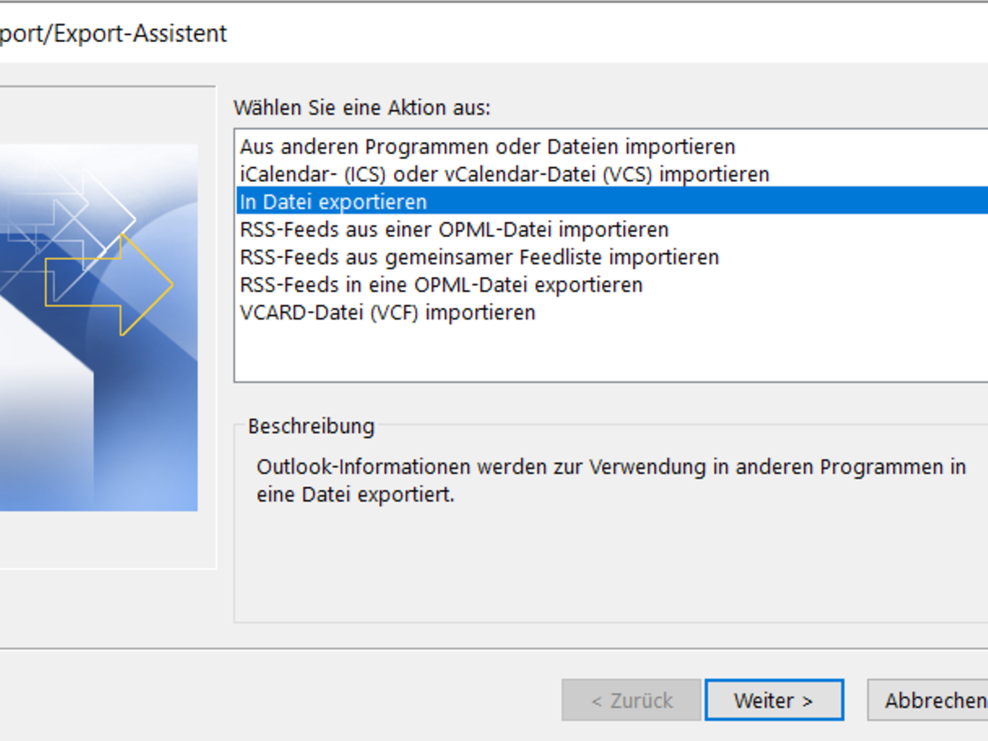 Import/Export Assistent - In Datei exportieren
