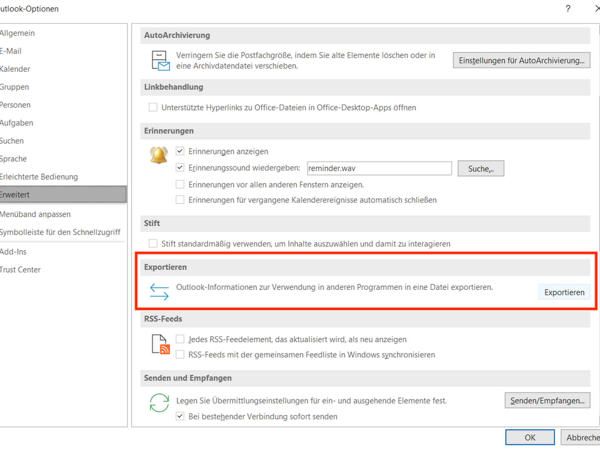 Outlook Optionen exportieren
