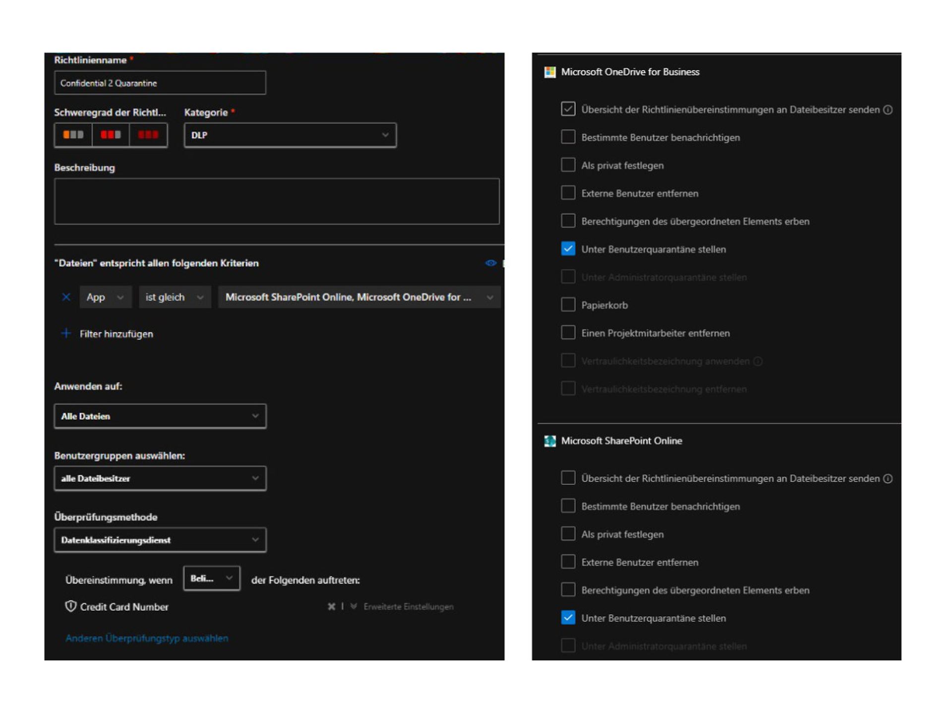 Screenshots der Richtlinienverwaltung in Microsoft Defender for Cloud Apps