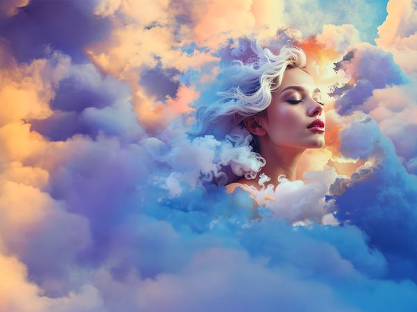 Frauengesicht eingebettet in Wolkenmotiv als Symbol für Cloud-Computing.