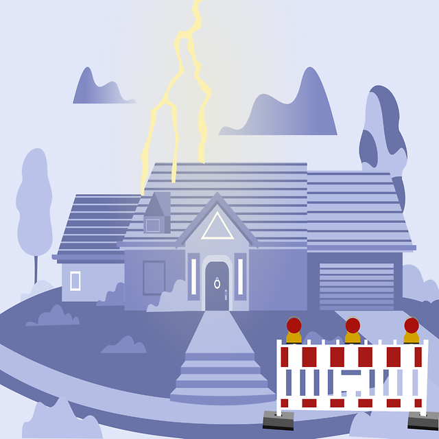 Haus im Unwettergebiet darüber ein Blitz und eine Barke