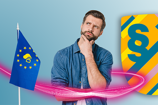 Mann ist nachdenklich neben Europafahne