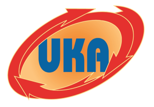UKA company logo in orange red and blue text